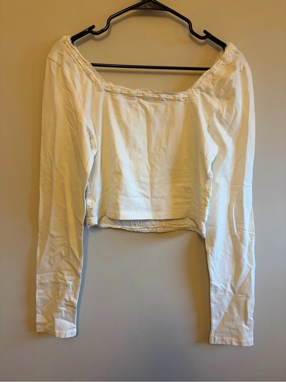 Free People Cream Lace-Trim Long Sleeve Peasant Top